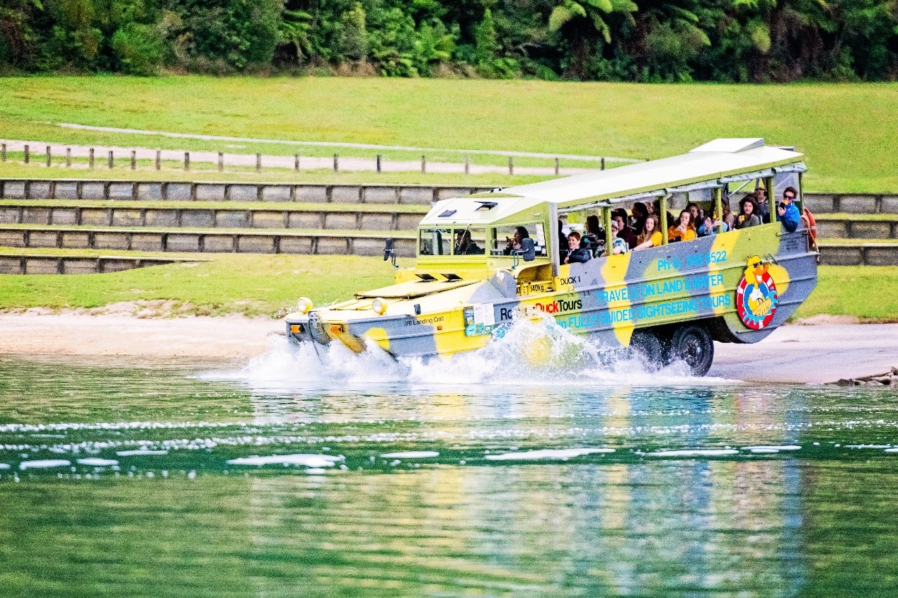 Rotorua Duck tour bus going into the water
